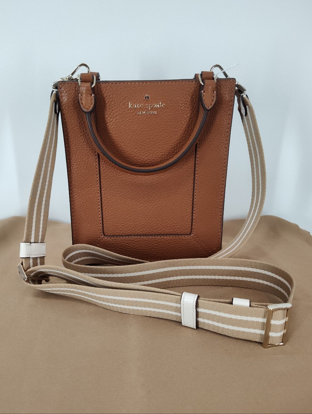 kate spade Lena Mini Tote Crossbody Bag with Striped Strap In Warm Gingerbread
